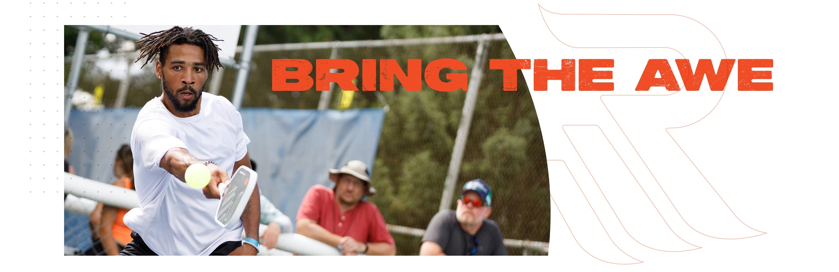 Person playing tennis with 'Bring the Awe' text overlay