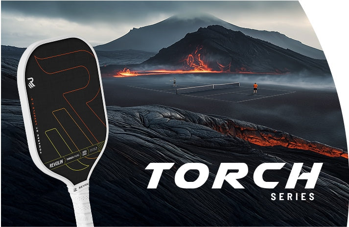 Revolin Pickleball paddle with 'TORCH Series' branding against a volcanic landscape background