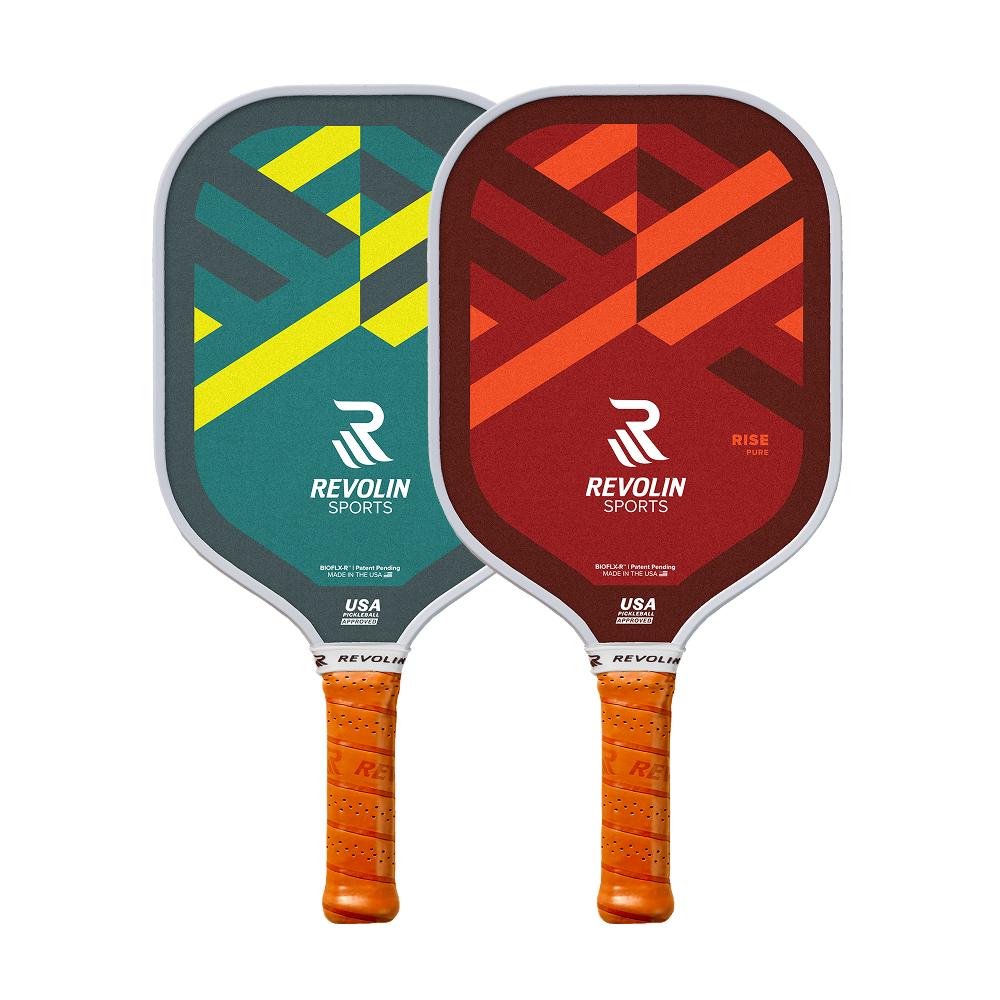 Two Revolin RISE pickleball paddles with geometric designs and Revolin Sports branding on a white background.
