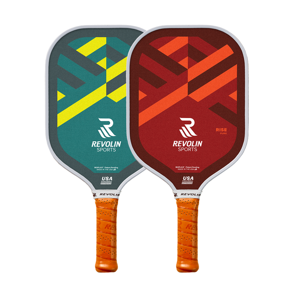 Two Revolin RISE pickleball paddles with geometric designs and Revolin Sports branding on a white background.