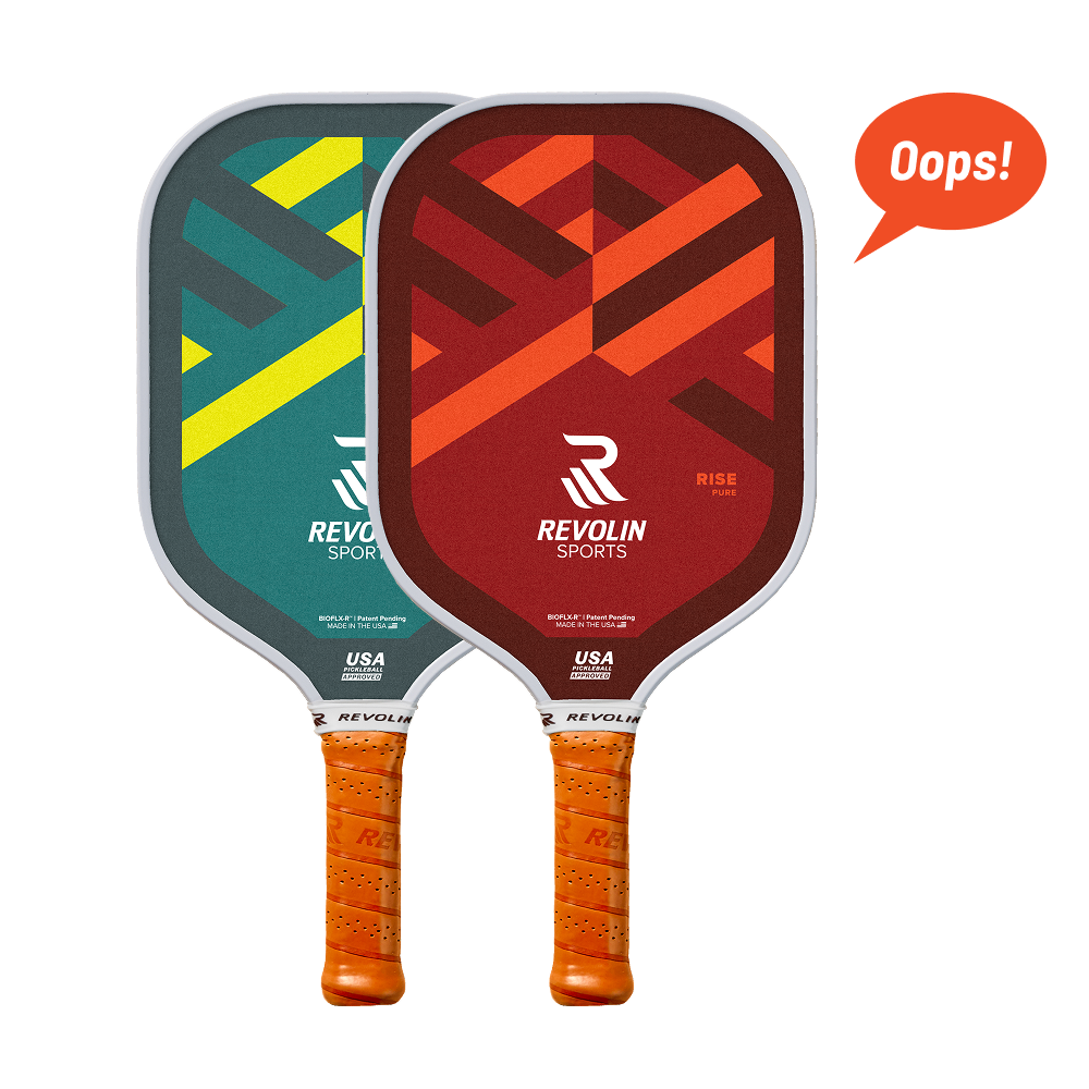 Two Revolin RISE series pickleball paddles with colorful designs on a white background.