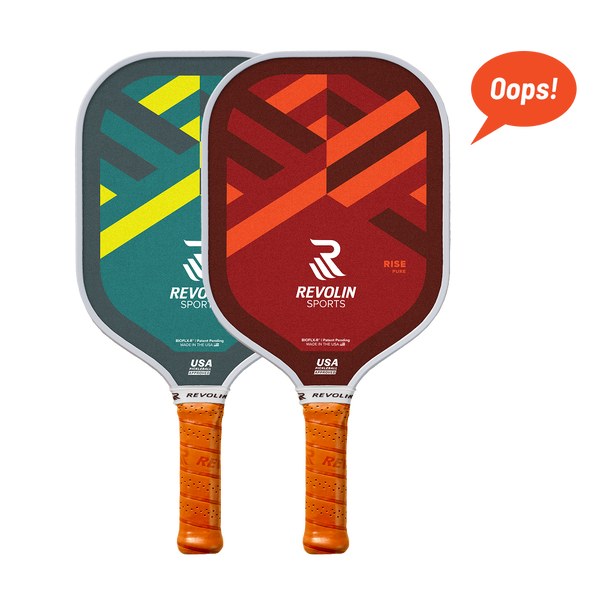 Two Revolin RISE series pickleball paddles with colorful designs on a white background.