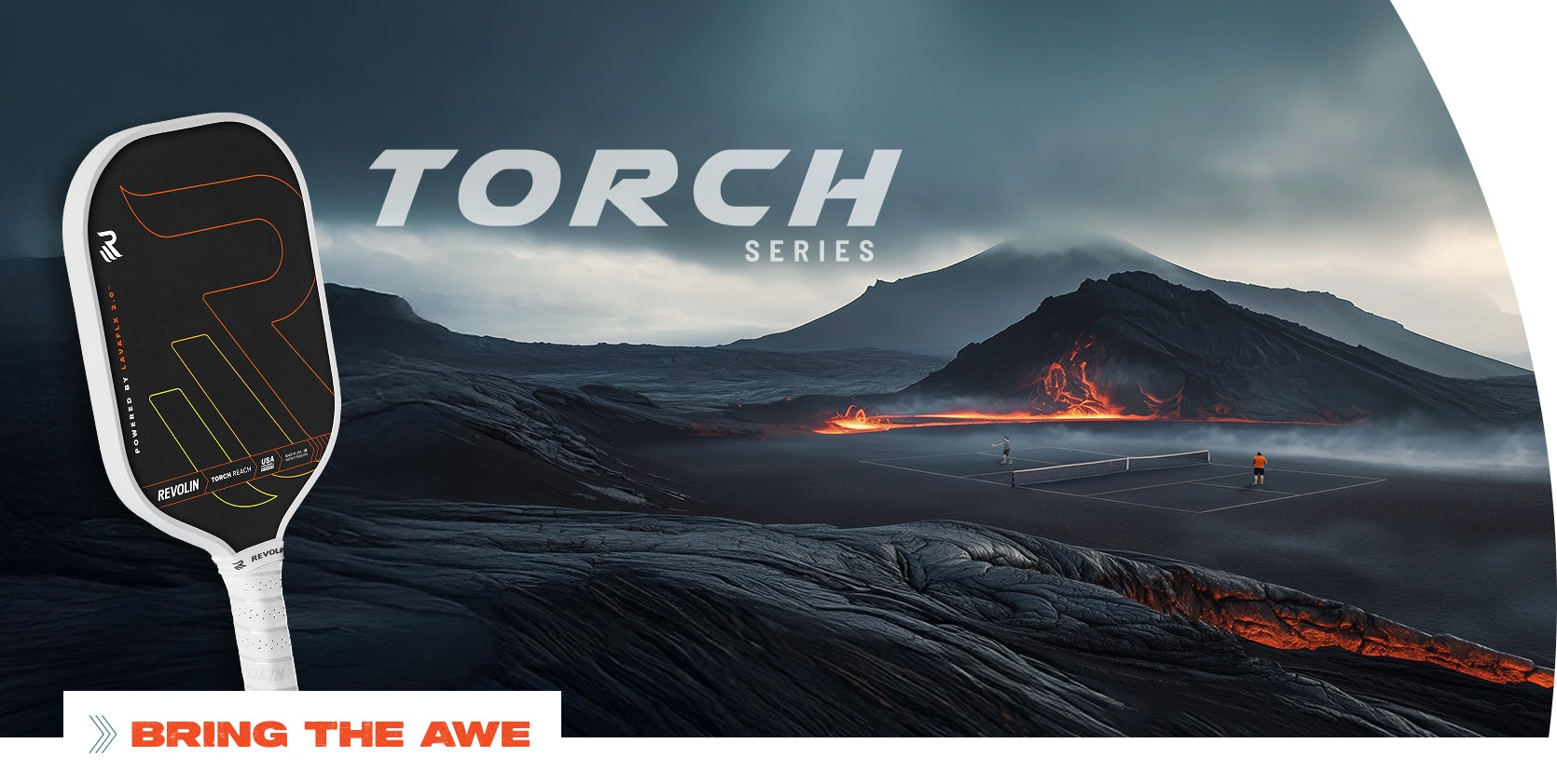 Revolin Pickleball paddle with 'TORCH Series' branding against a volcanic landscape background.